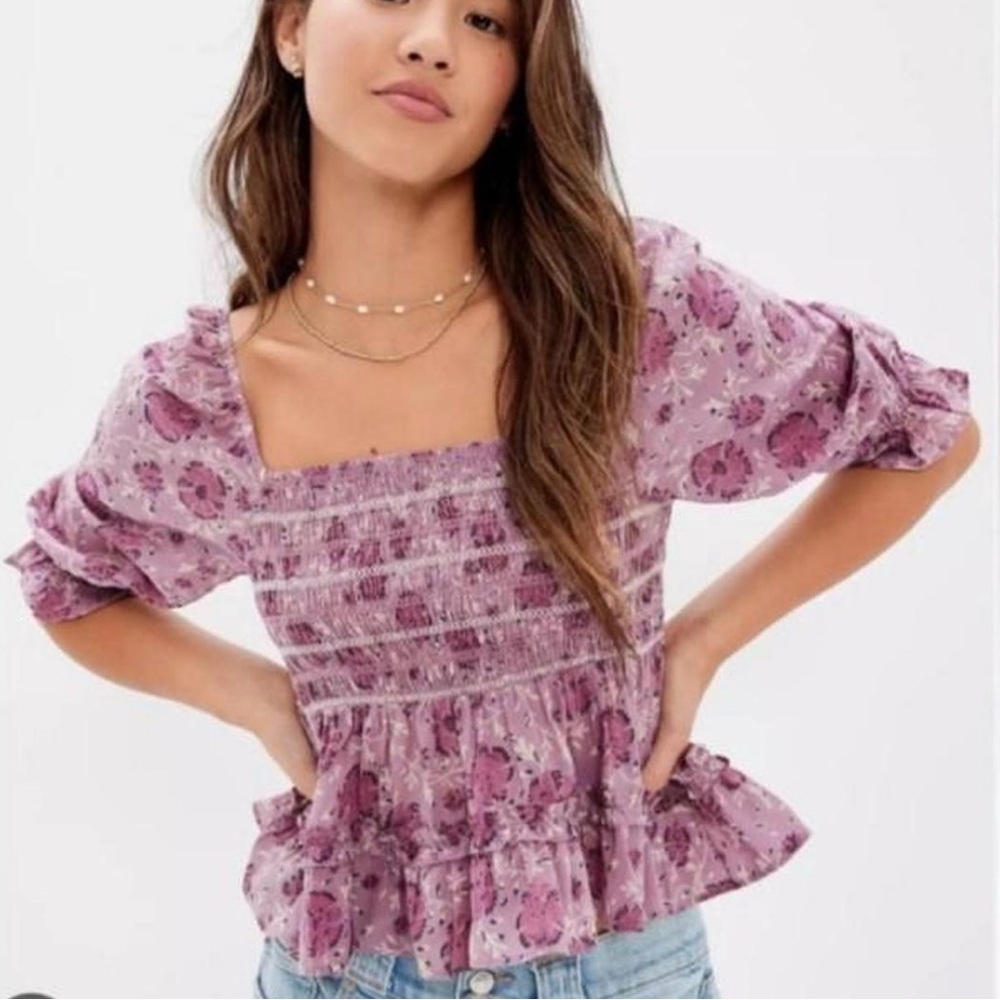 NEW American Eagle Smocked Peplum Purple Floral Ruffle Top Square Neck Large NWT - Picture 9 of 16